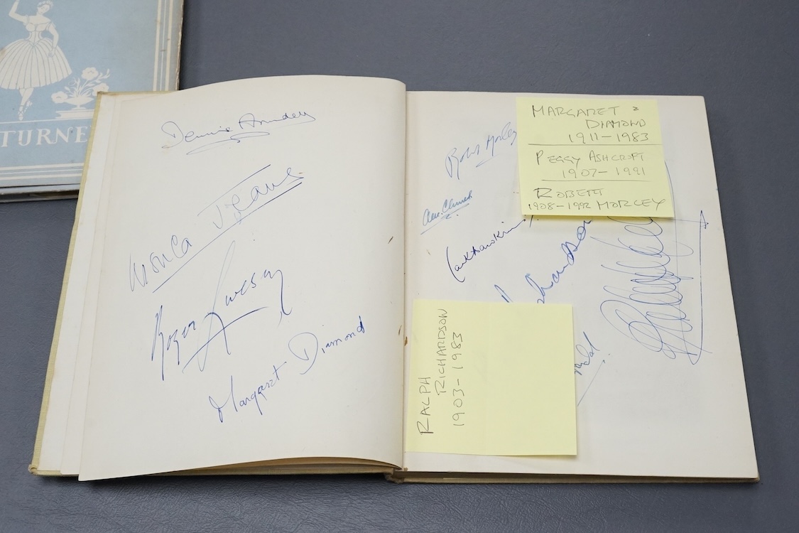Two heavily autographed theatrical books; The English Ballet by W.J. Turner and A Theatre For Everybody by E.J. Dent, both extensively filled with autographs including; Alec Guiness, Margot Fonteyn, Pamela May, Robert He